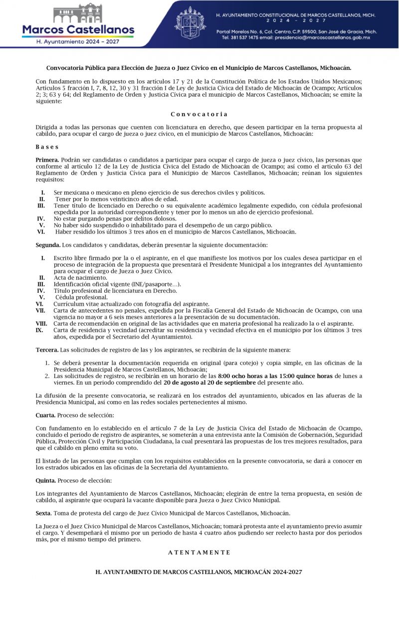 Convocatoria para Elección de Jueza o Juez Cívico